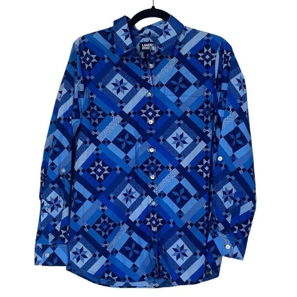 Lands End Blue Quilt Print Long Sleeve Button Down Shirt Size S - Picture 3 of 11